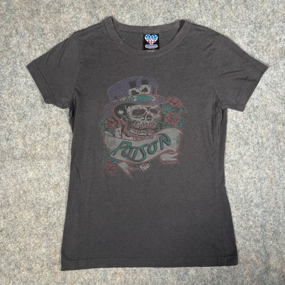Junk Food Poison Band Tee Womens S Gray Skull Rose Graphic Rock T-Shirt 2005 VTG